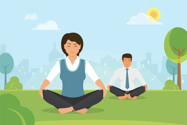 Woman and man doing meditation in the lotus position in the park — Stock Vector