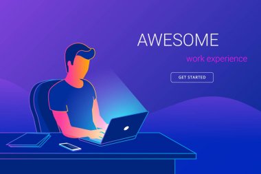 Çalışma Masası ofiste oturan ve laptop ile çalışan genç adam