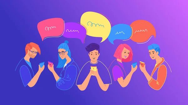 Bate-papo de mídia social e ilustração vetorial plana de comunicação. Adolescentes usando smartphone para conversar —  Vetores de Stock