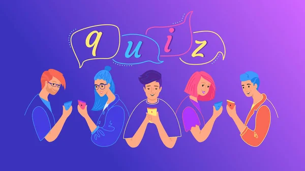 Quiz koncepcja wektor ilustracja nastolatków chłopców i dziewcząt odpowiadających na pytania — Wektor stockowy