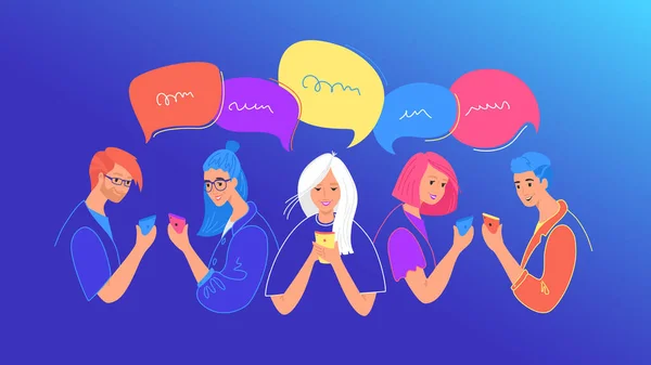 Bate-papo de mídia social e ilustração vetorial plana de comunicação. Adolescentes usando smartphone para conversar —  Vetores de Stock