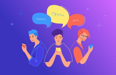 Sosyal medya sohbeti ve iletişim düz vektör çizimi. Gençler konuşmak için akıllı telefon kullanıyor.