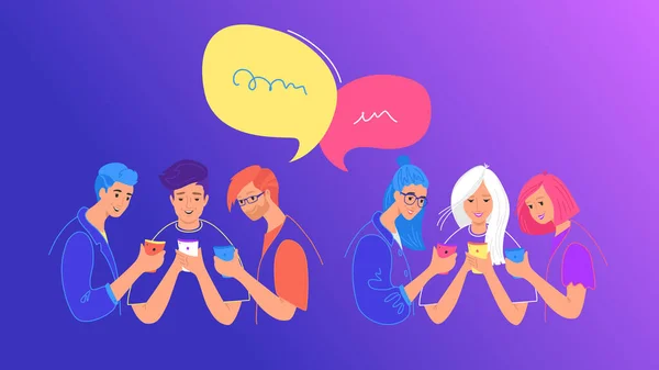Social media chat of opiniepeiling concept platte vector illustratie. Tieners die een mobiele smartphone gebruiken voor chatten en stemmen — Stockvector