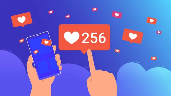Mão humana detém smartphone e tocando grande bolha discurso de mídia social e namoro aplicativo — Vetor de Stock