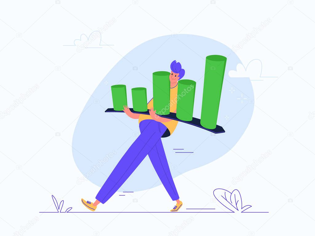Young man carrying heavy growing graph