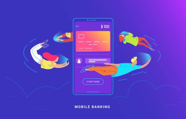 Gençler büyük bir akıllı telefonun etrafında uçuyorlar ve telefonlarını bankacılık için kullanıyorlar.