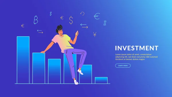 Jovem usando aplicativo móvel para banco online e investir — Vetor de Stock