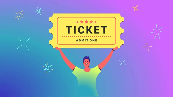 Un biglietto d'ingresso concetto vettoriale illustrazione del giovane tiene sopra la testa grande biglietto per il cinema — Vettoriale Stock