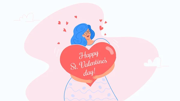 Cantik tersenyum wanita memeluk simbol hati sebagai kartu ucapan Valentine - Stok Vektor