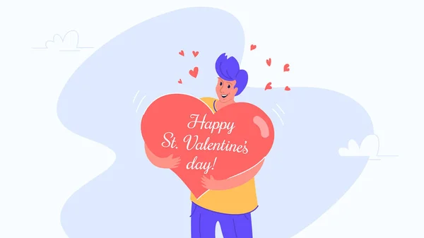 Happy tersenyum pria memeluk simbol hati sebagai kartu ucapan Valentine - Stok Vektor