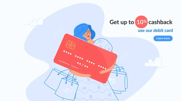 幸せな笑顔女性抱擁大きな赤いカードと取得現金のために買い物 — ストックベクタ