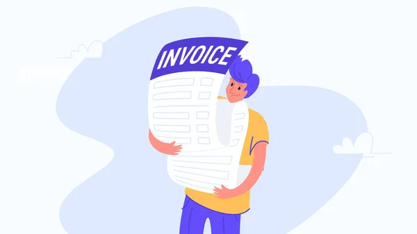 Young man carrying heavy invoice — Stok Vektör