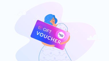 Happy smiling woman hugging big gift voucher for 50 dollars