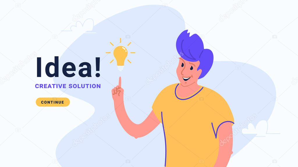 Idea and creative solution. Flat vector illustration of human hand pointing to yellow bulb