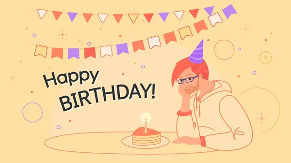 Happy Birthday verärgerter Mann sitzt allein mit Geburtstagstorte und langweilig — Stockvektor