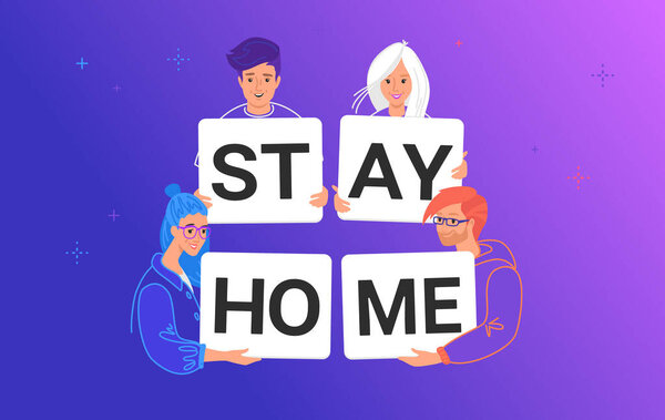Оставайтесь дома векторную иллюстрацию улыбающихся друзей-подростков с письмами, чтобы предотвратить коронавирусное распространение
