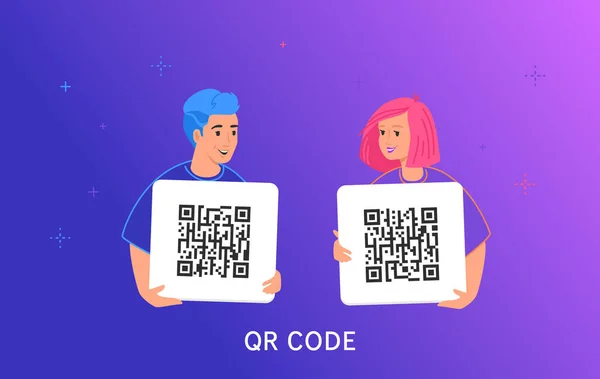 QR code scanning by smartphone. Concept vector illustration of smiling teenage friends holding a card with qr-coge and scanning it