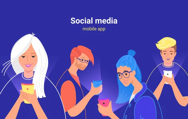 Personas que usan las redes sociales para chatear, compartir videos y suscribirse — Vector de stock