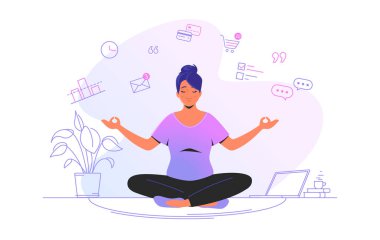 Evde çalışmak ve meditasyon yapmak. Nilüfer çiçekli evde oturan ve konsantre olan tatlı bir kadın.