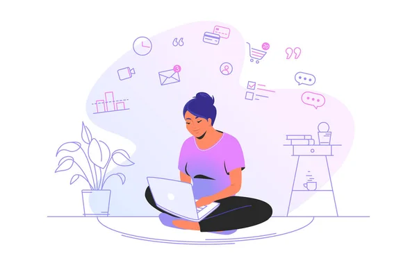 Працює онлайн з ноутбуком вдома. Симпатична жінка сидить вдома в позі лотоса з ноутбуком і працює дистанційно — стоковий вектор