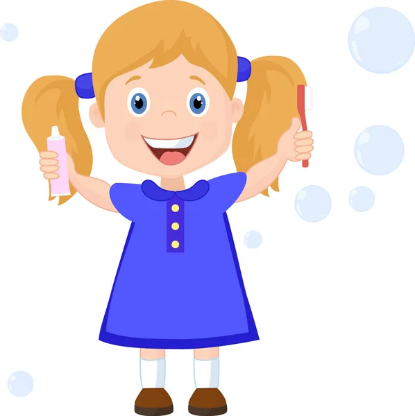 Chica con Cepillo de dientes Dibujos animados Vector Ilustración — Vector de stock