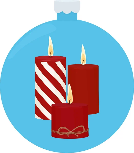 Tres velas rojas ardiendo en bola azul de árbol de navidad . — Vector de stock