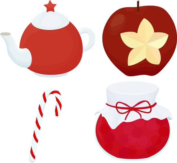 Tradycyjne świąteczne desery zestaw z teaport, cukierki i apple. — Wektor stockowy