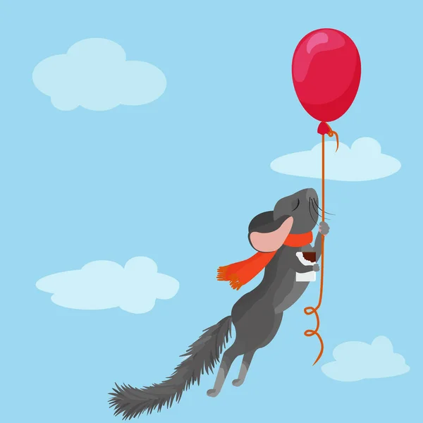 Linda chinchilla gris en una bufanda roja con moscas de chocolate en un globo rojo en el cielo azul — Vector de stock
