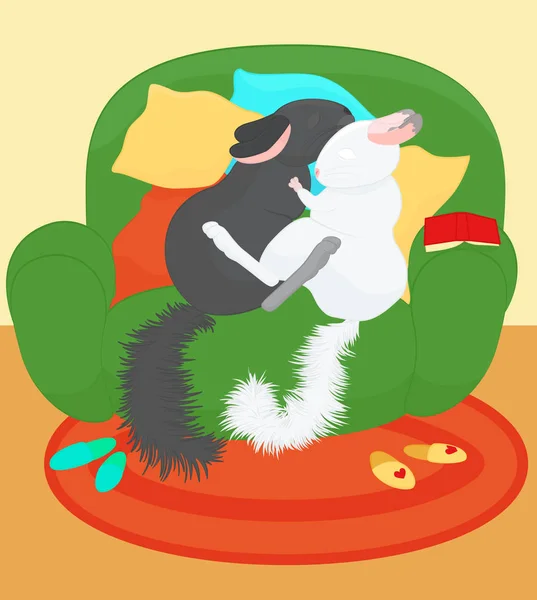 Twee cartoon chinchillas slapende knuffel op kussens — Stockvector