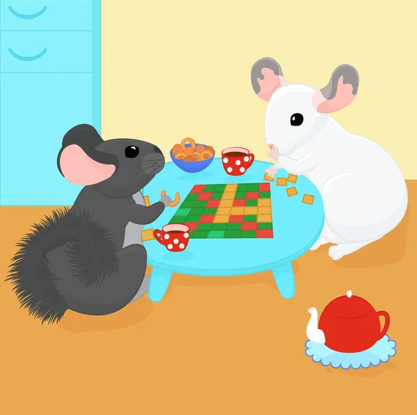 Twee cartoon chinchillas spelen bordspellen en drinken thee — Stockvector