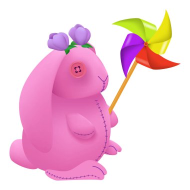 Beyaz yel değirmenli pembe peluş tavşan oyuncağı.