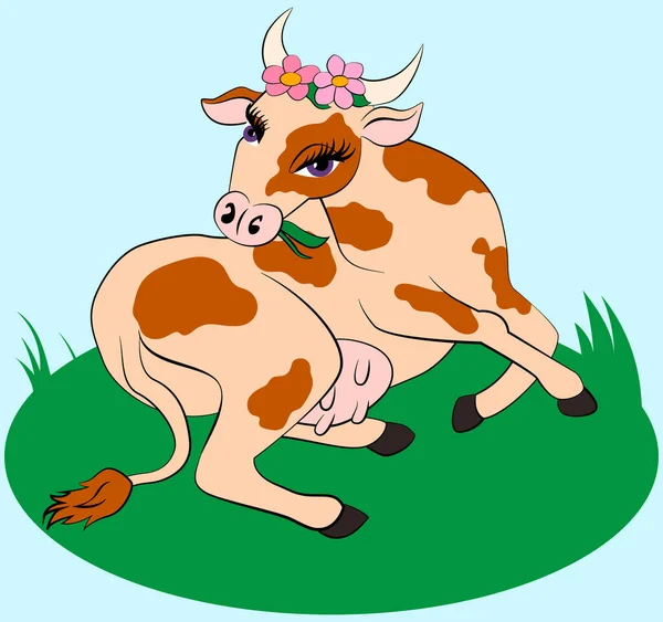 Пятнистая корова на векторной иллюстрации зеленой травы — стоковый вектор