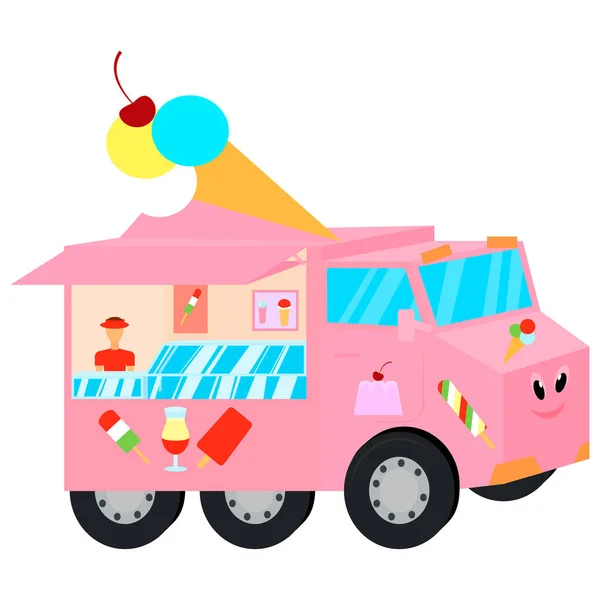 Pinkfarbener Retro Van Mit Eis Foodtruck Flacher Stil Isoliert Auf — Stockvektor