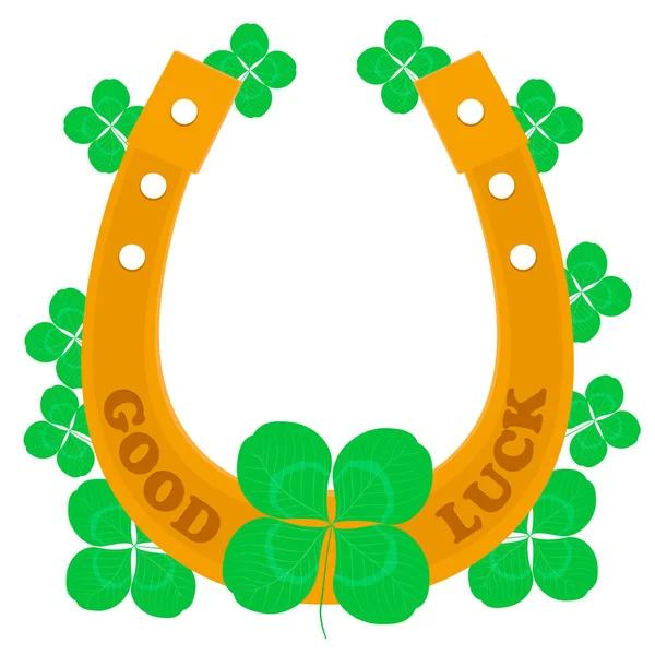 Lucky symbols four-leaf clover and horseshoe. Good luck vector illustration isolated on white. shamrock with four leaves