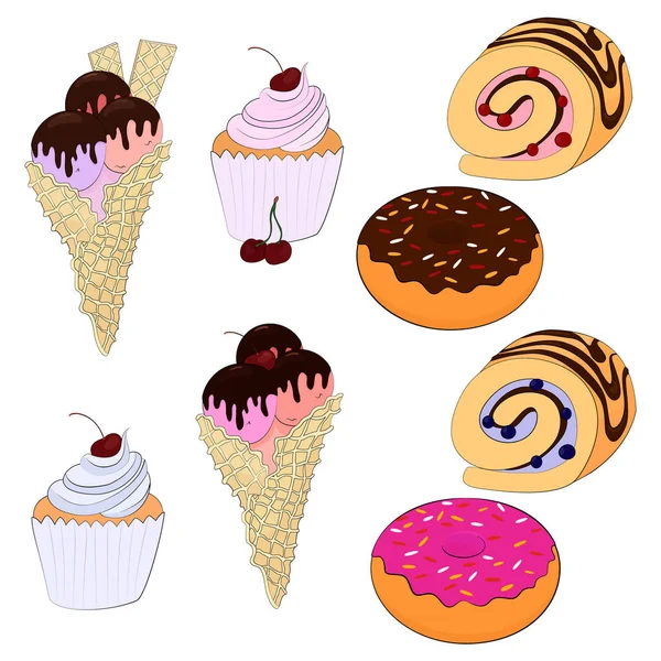 Conjunto Coloridos Alimentos Dulces Donut Helado Pasteles Rollos Chocolate Ilustración — Vector de stock