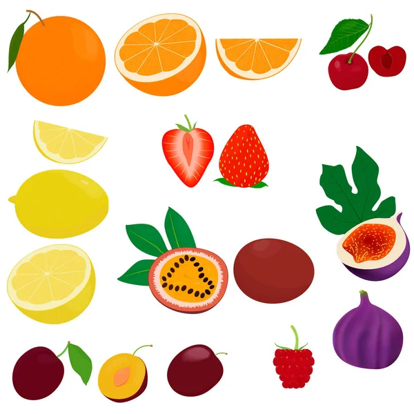 Fruit Vector Icon Set Includes Citrus Berries Plum Passion Fruit — Stock Vector