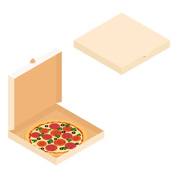 Isometryczna Ilustracja Pudełek Pizzą Wyizolowaną Białym Zamknięte Otwarte Pudełko Pizzą — Wektor stockowy