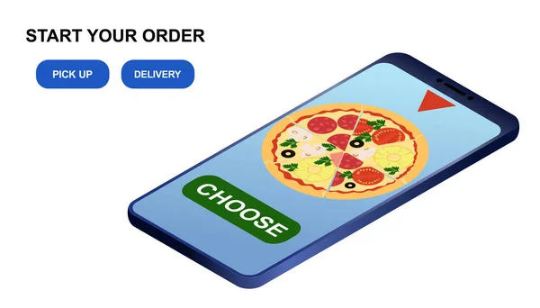 Zamówienie Pizzy Online Koncepcji Dostawy Izometryczny Smartfon Pizzą Wniosek Dolewkę — Wektor stockowy