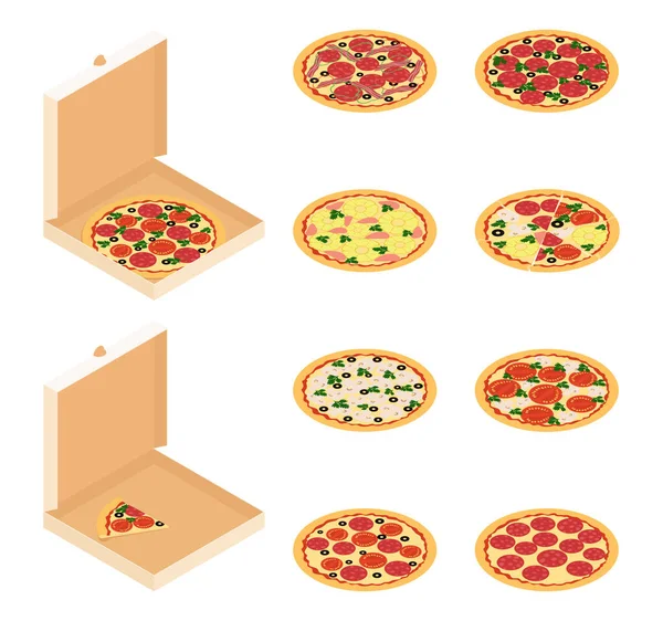 Isometryczna Ilustracja Wektora Pizzy Pizza Pudełku Bez Różnych Opcji Dla — Wektor stockowy