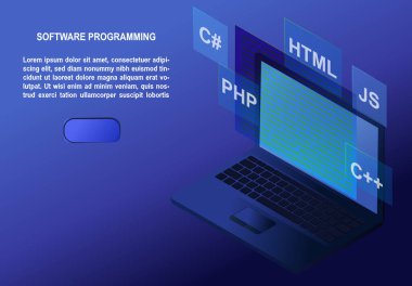 Yazılım geliştirme ve programlama kavramı. Dizüstü bilgisayar ekranında program kodu. İniş sayfası şablonu için Isometric vektör çizimi.