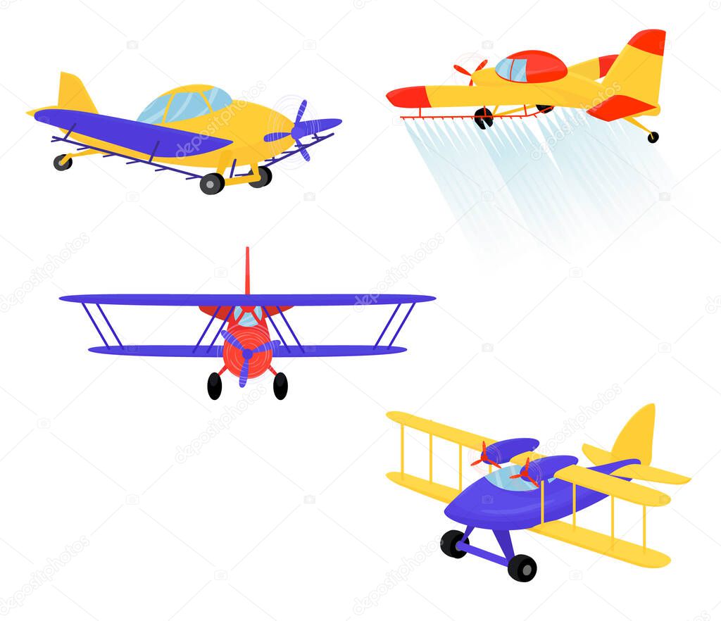 Agricultural propeller plane isolated on white background. Set of cartoon planes stock vector illustration