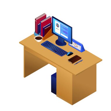 Çevrimiçi konferans. Metin sohbeti. Uzaktan kumanda ekibi çalışması. Beyaz arkaplanda izole edilmiş Isometric illüstrasyon ev ofisi