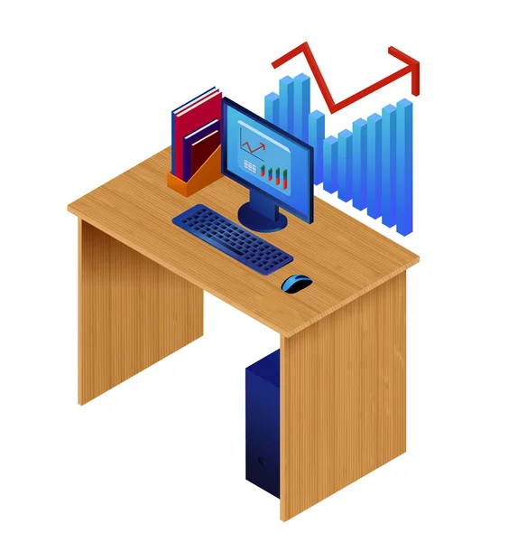 Schreibtisch Hause Oder Büro Mit Computer Papiermappen Und Diagramm Isometrische — Stockvektor