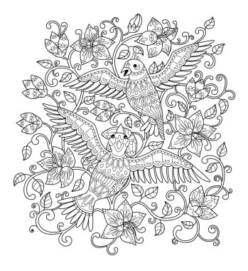 Dekoratif anahat kuşlar çiçekler