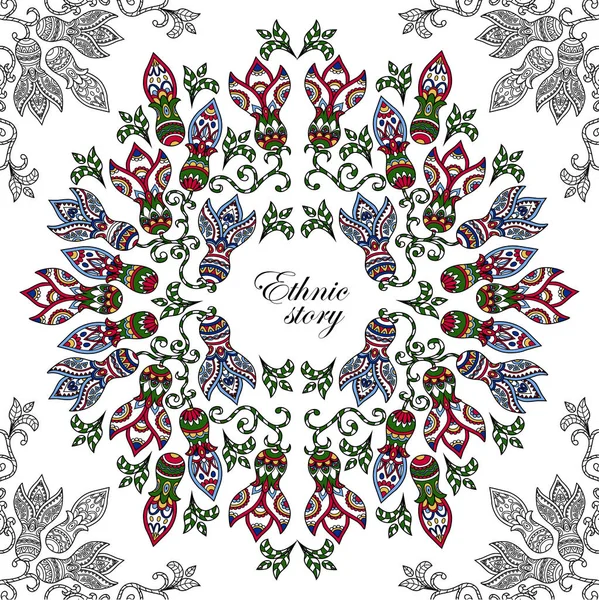 Patrón floral étnico marco redondo color 5 — Archivo Imágenes Vectoriales