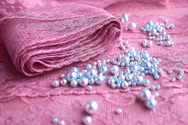 Skein Pink Purple Guipure Lace Lilac Blue Pearls Beads Embroidering — 스톡 사진