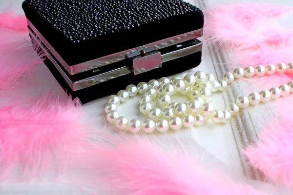 Vintage Shiny Black Small Square Reticule Handbag White Beads Background — 스톡 사진