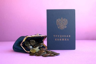 Cover text: labor book. Russian Employment history. Workbook and green vintage wallet with Russian coins 10 kopecks clipart