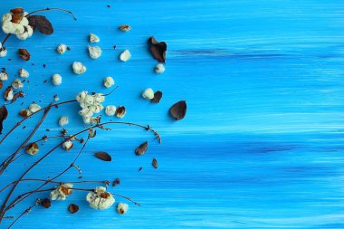 Solda gökyüzü mavisi bir tuval üzerinde kurumuş çiçekler ve söğüt dallarından bir buket ikebana bulunuyor. Metin tasarımcısı için boşluk
