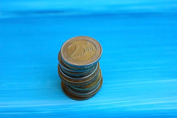 Two Euro Coins Stack Gold Coins Blue Background — Stock Photo, Image